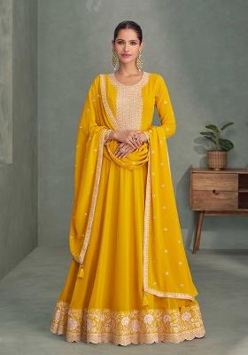 Mustard Embroidered Georgette Salwar Kameez With Dupatta