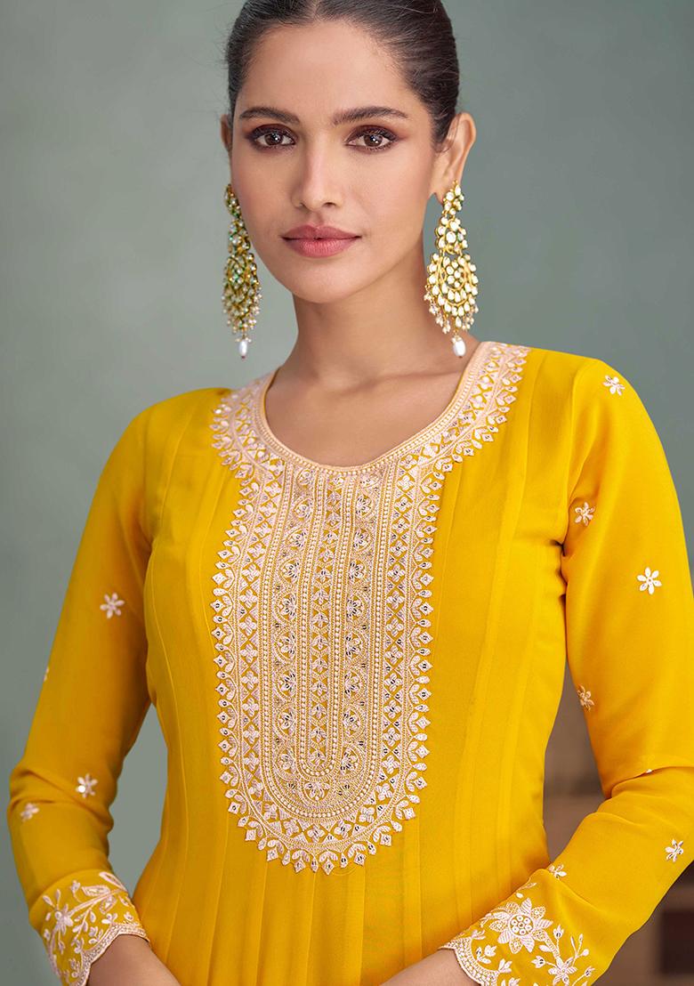 Mustard Embroidered Georgette Salwar Kameez With Dupatta - Indya