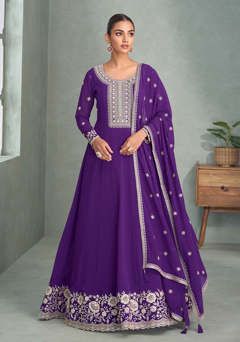 Purple Embroidered Georgette Salwar Kameez With Dupatta - Indya