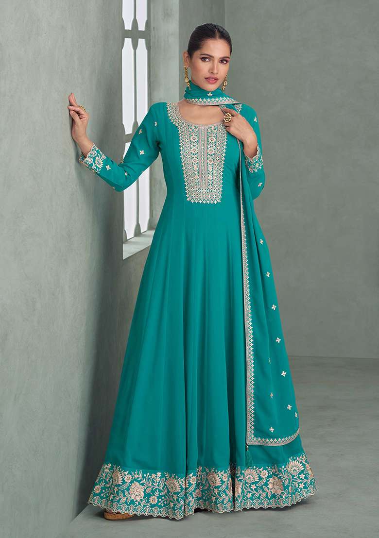 Blue Embroidered Georgette Salwar Kameez With Dupatta - Indya