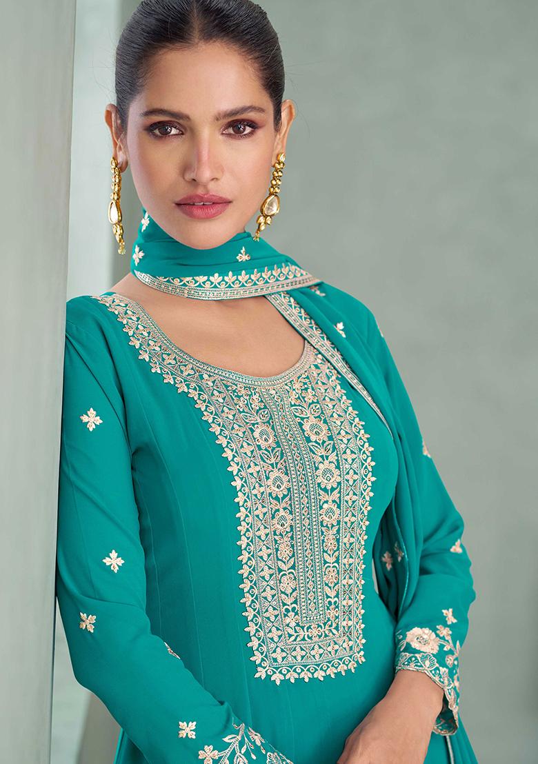 Blue Embroidered Georgette Salwar Kameez With Dupatta - Indya