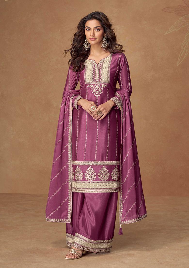 Purple Embroidered Chinon Salwar Kameez With Dupatta - Indya