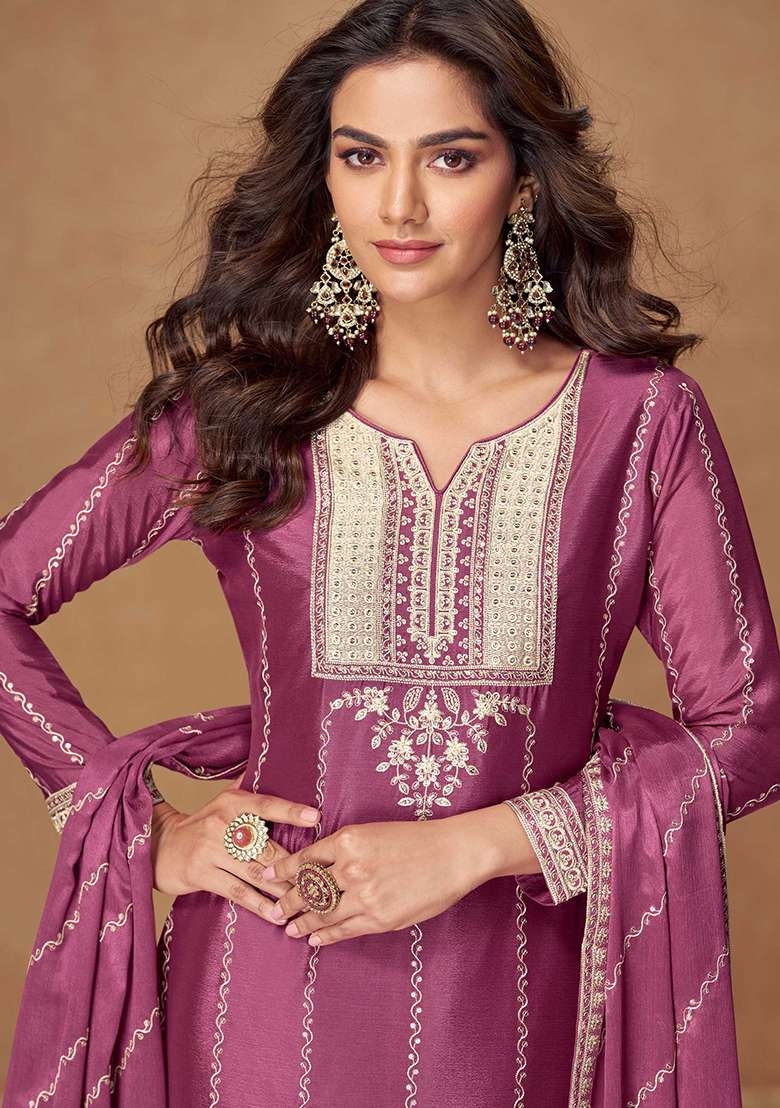 Purple Embroidered Chinon Salwar Kameez With Dupatta - Indya
