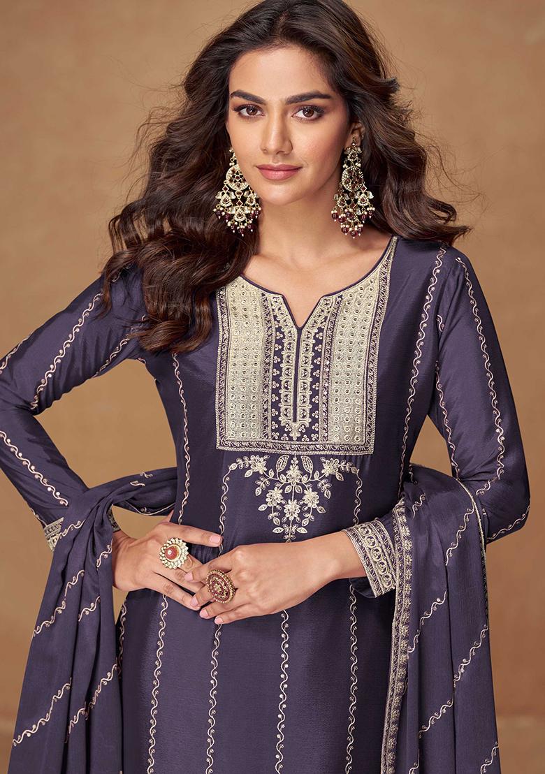 Steel Blue Embroidered Chinon Salwar Kameez With Dupatta - Indya
