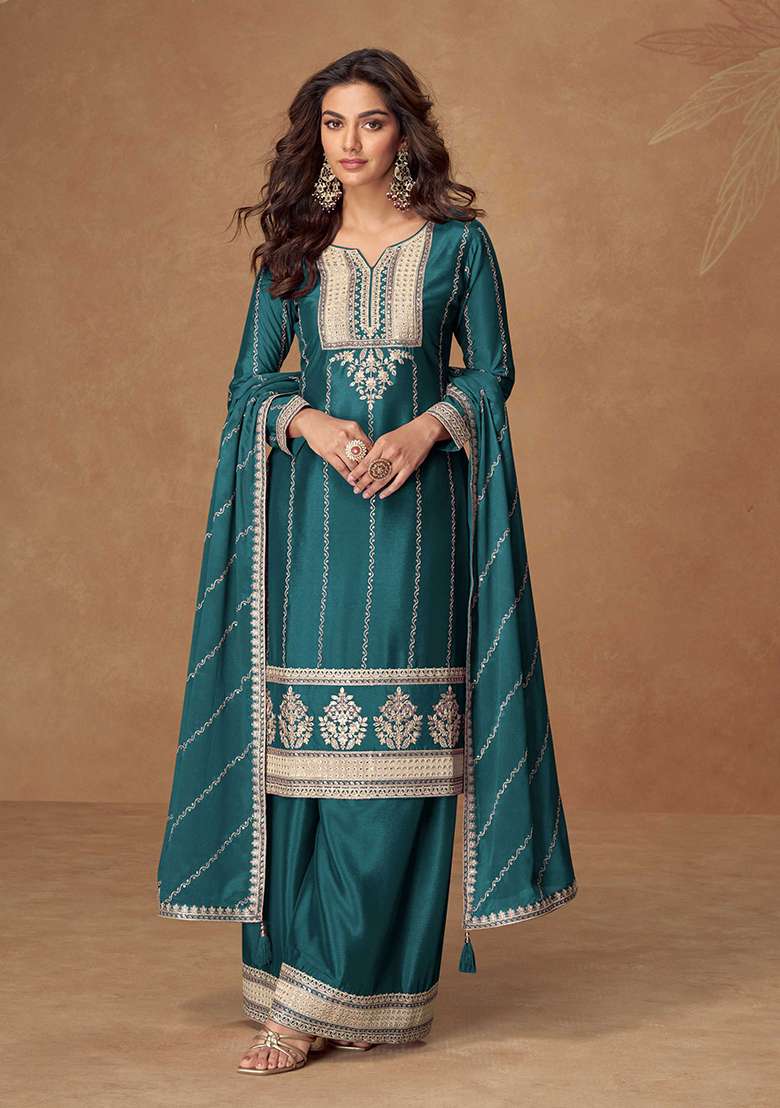 Teal Blue Embroidered Chinon Salwar Kameez With Dupatta - Indya