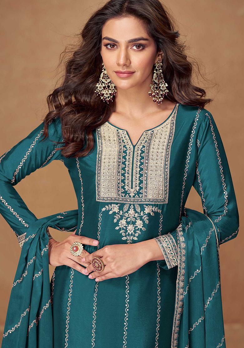 Teal Blue Embroidered Chinon Salwar Kameez With Dupatta - Indya
