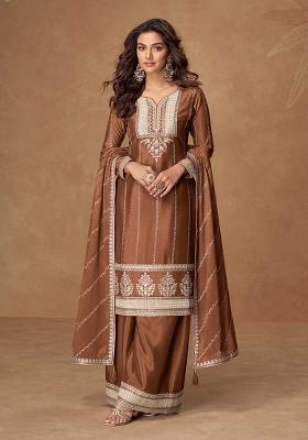 Brown Embroidered Chinon Salwar Kameez With Dupatta