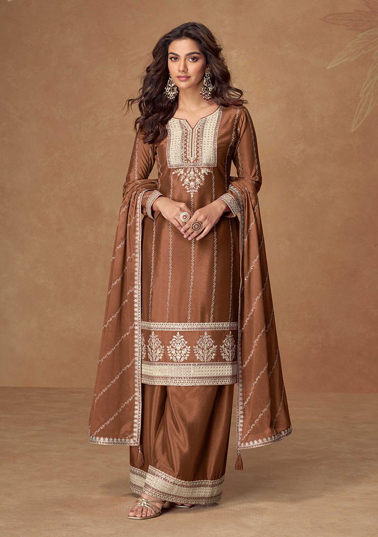 Brown Embroidered Chinon Salwar Kameez With Dupatta - Indya