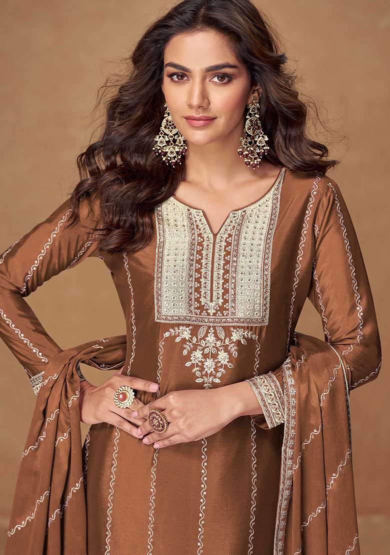 Brown Embroidered Chinon Salwar Kameez With Dupatta - Indya