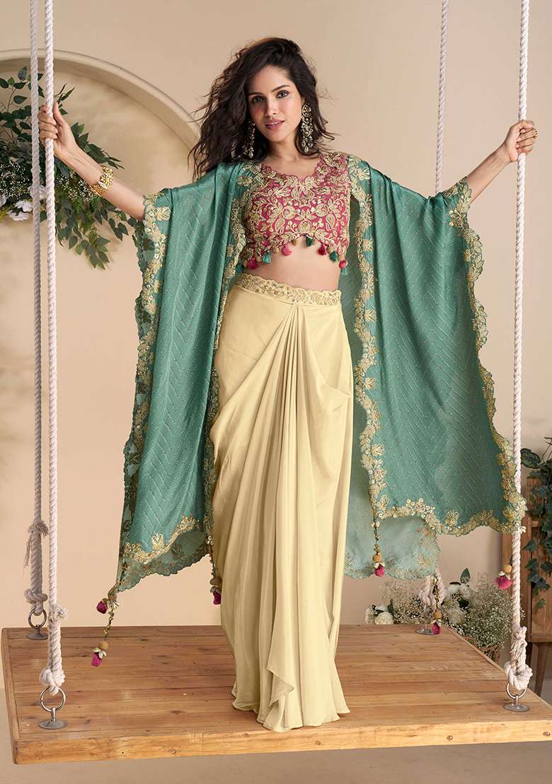 Rani Pink Embroidered Chinon Co Ord Set for Diwali | Wedding & Festive Wear - Indya