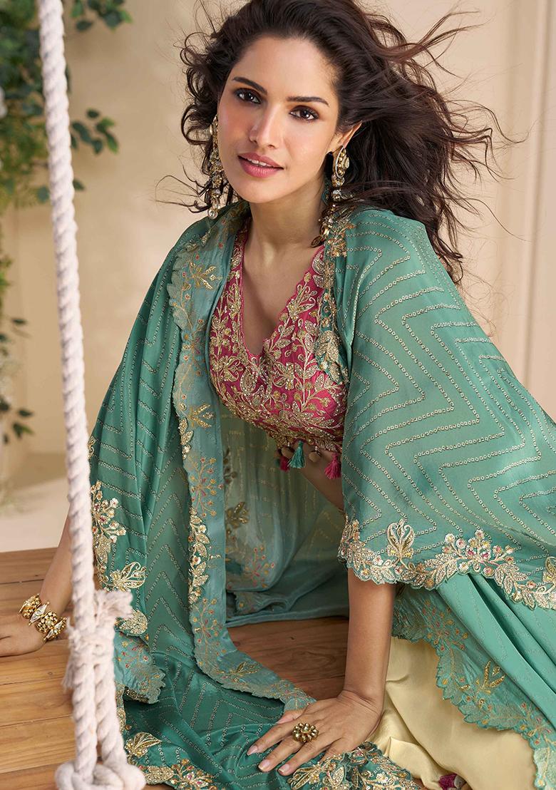 Rani Pink Embroidered Chinon Fusion Set - Indya