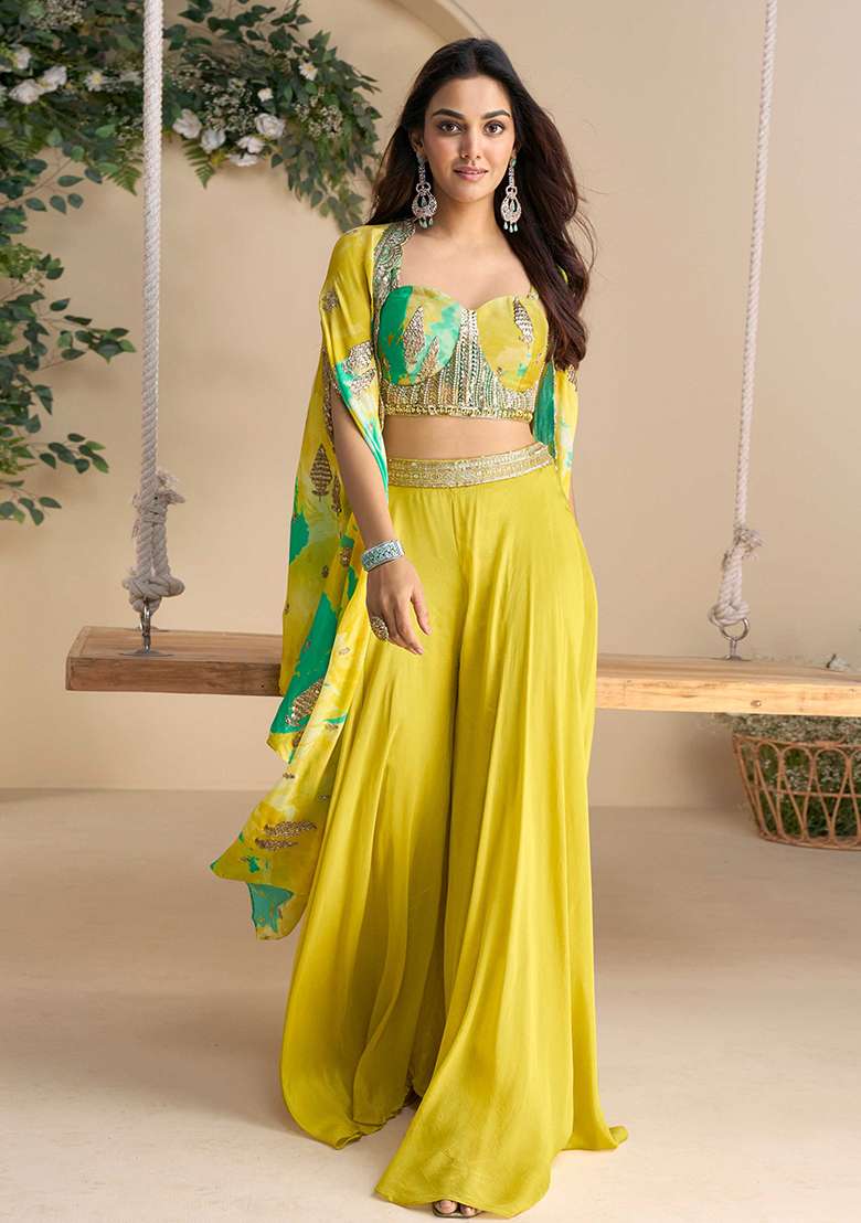 Yellow Embroidered Chinon Sharara Set - Indya