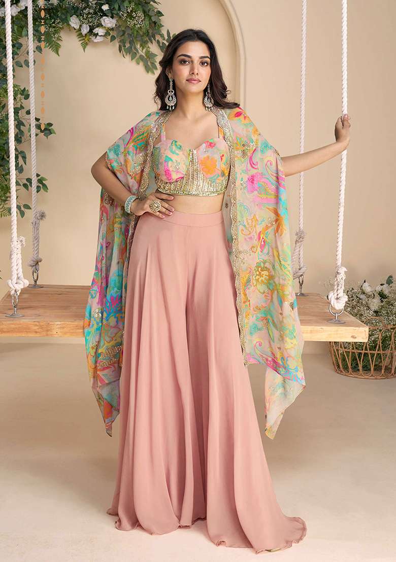 Multi Floral Print Chinon Sharara Set - Indya