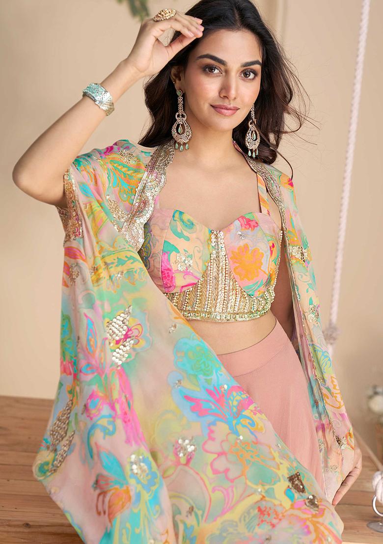 Multi Embroidered Chinon Fusion Set - Indya