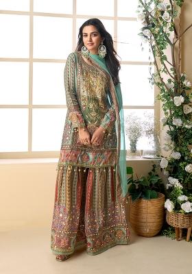 Multi Embroidered Chinon Salwar Kameez With Dupatta
