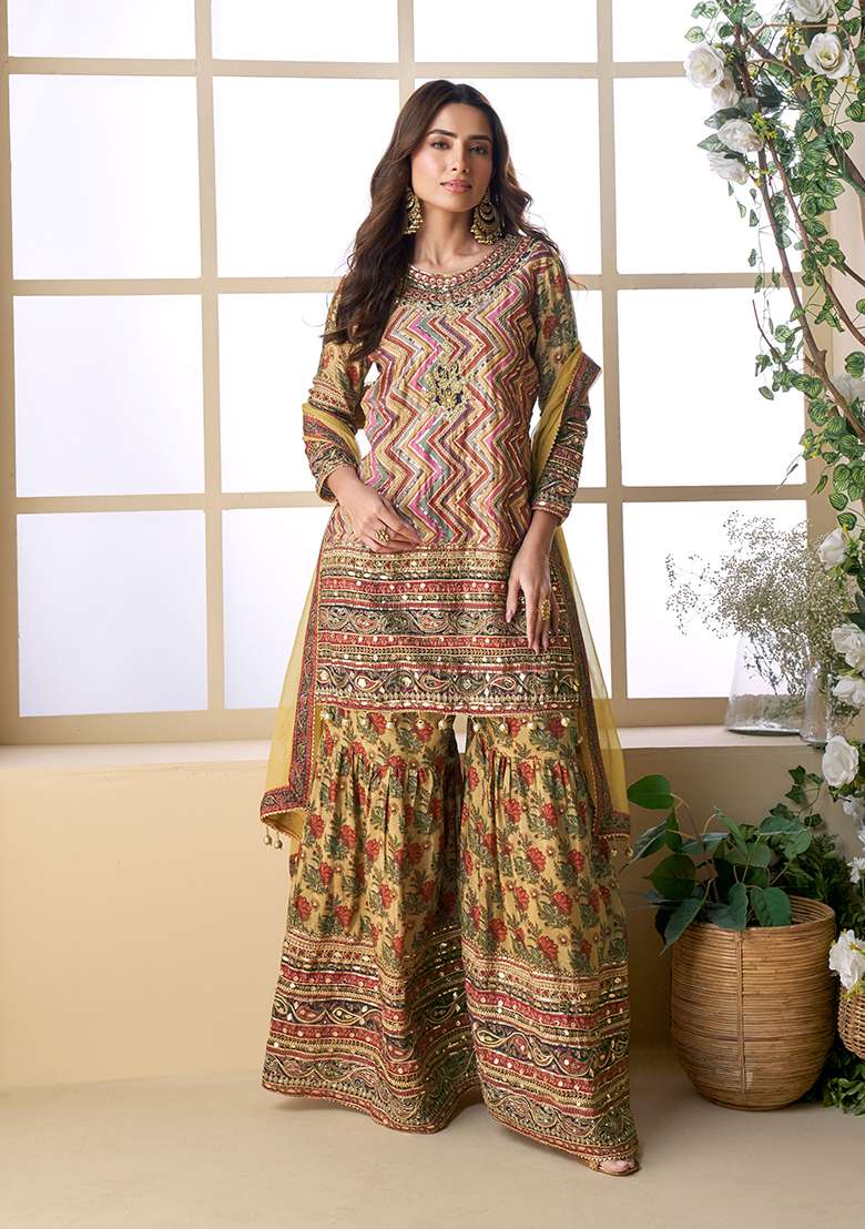 Multi Printed Chinon Sharara Set - Indya