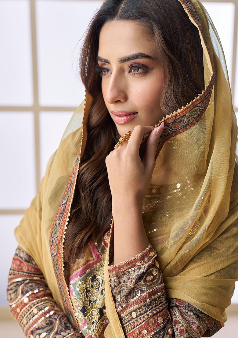 Multi Embroidered Chinon Salwar Kameez With Dupatta - Indya