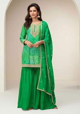 Lime Green Embroidered Chinon Salwar Kameez With Dupatta