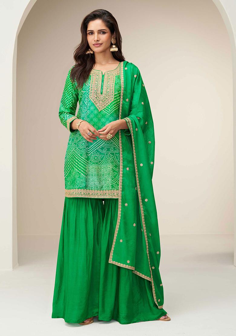 Lime Green Embroidered Chinon Salwar Kameez With Dupatta - Indya
