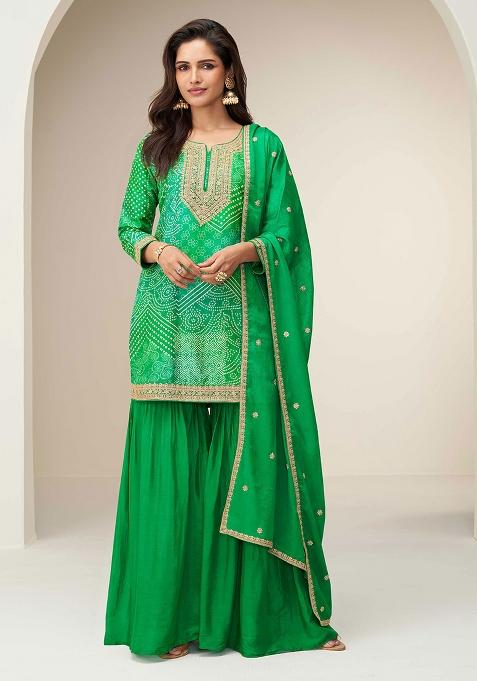 Lime Green Embroidered Chinon Salwar Kameez With Dupatta