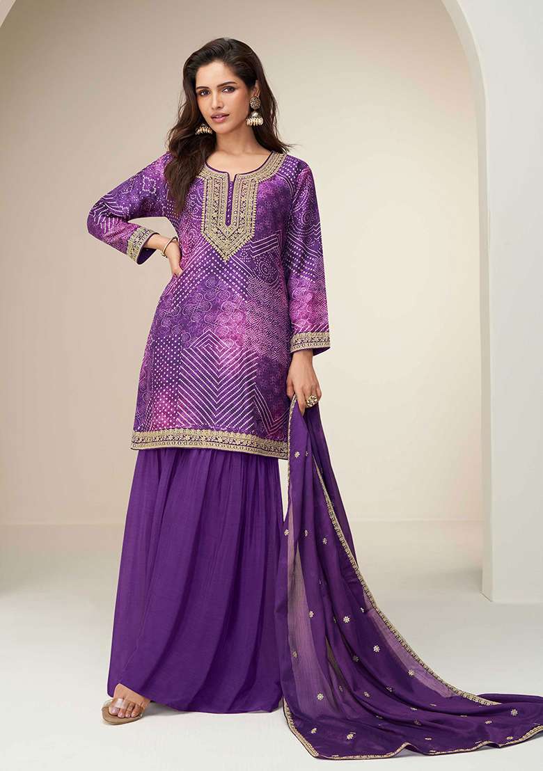 Purple Embroidered Chinon Salwar Kameez With Dupatta - Indya