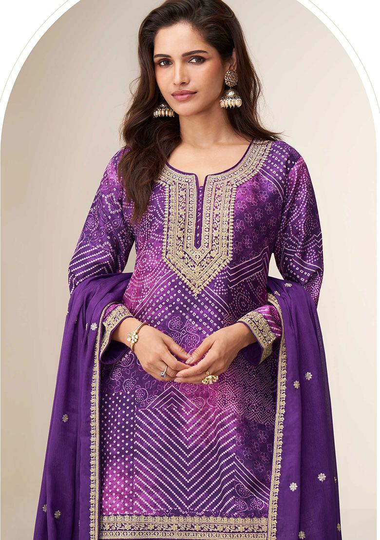 Purple Embroidered Chinon Salwar Kameez With Dupatta - Indya