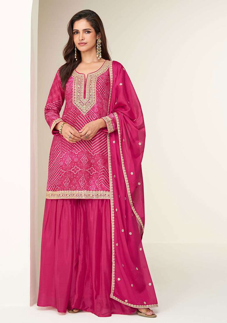 Pink Bandhani Chinon Sharara Set - Indya