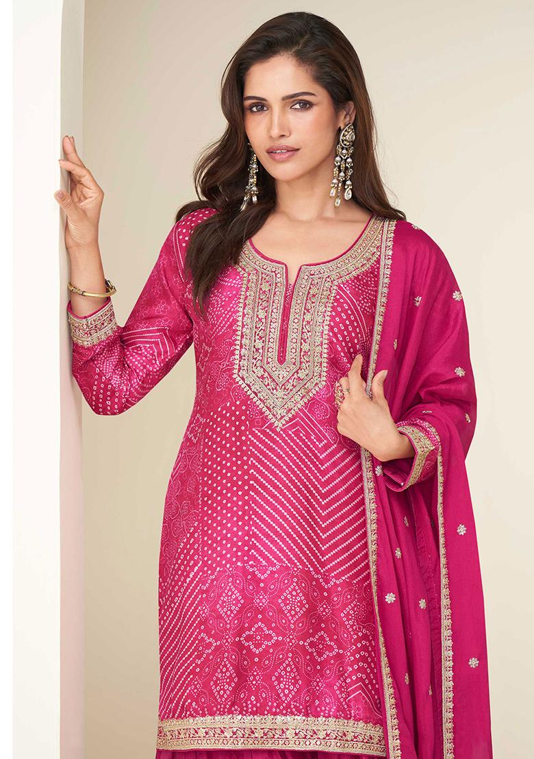 Pink Embroidered Chinon Salwar Kameez With Dupatta - Indya