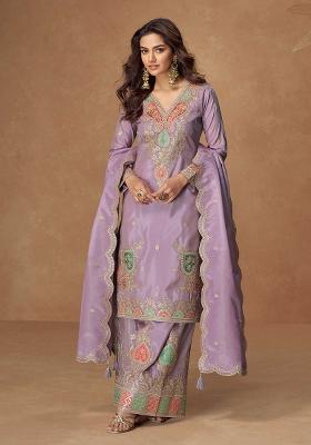 Lilac Embroidered Silk Salwar Kameez With Dupatta