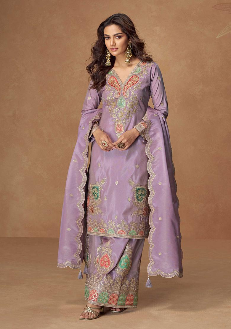 Lilac Embroidered Silk Salwar Kameez With Dupatta - Indya