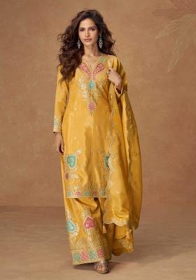 Mustard Embroidered Silk Salwar Kameez With Dupatta