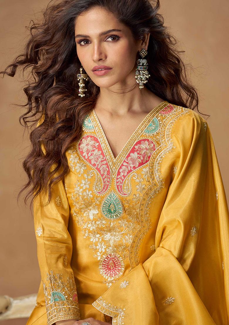 Mustard Embroidered Silk Salwar Kameez With Dupatta - Indya