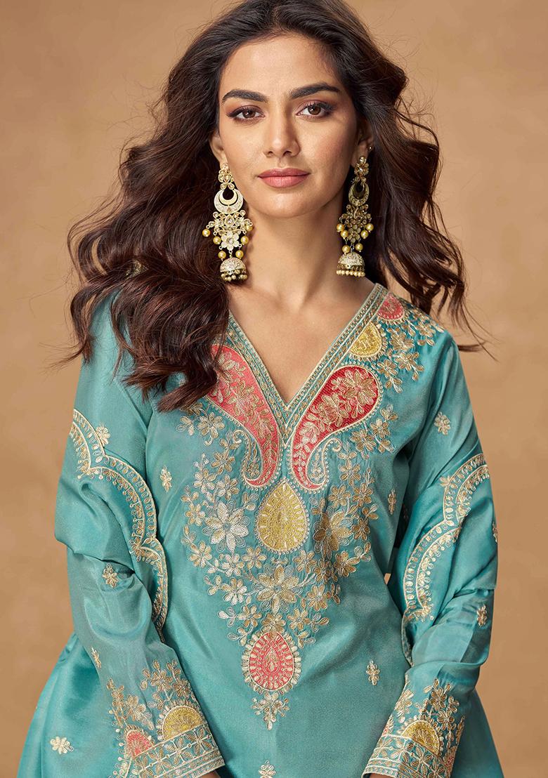 Turquoise Embroidered Silk Salwar Kameez With Dupatta - Indya