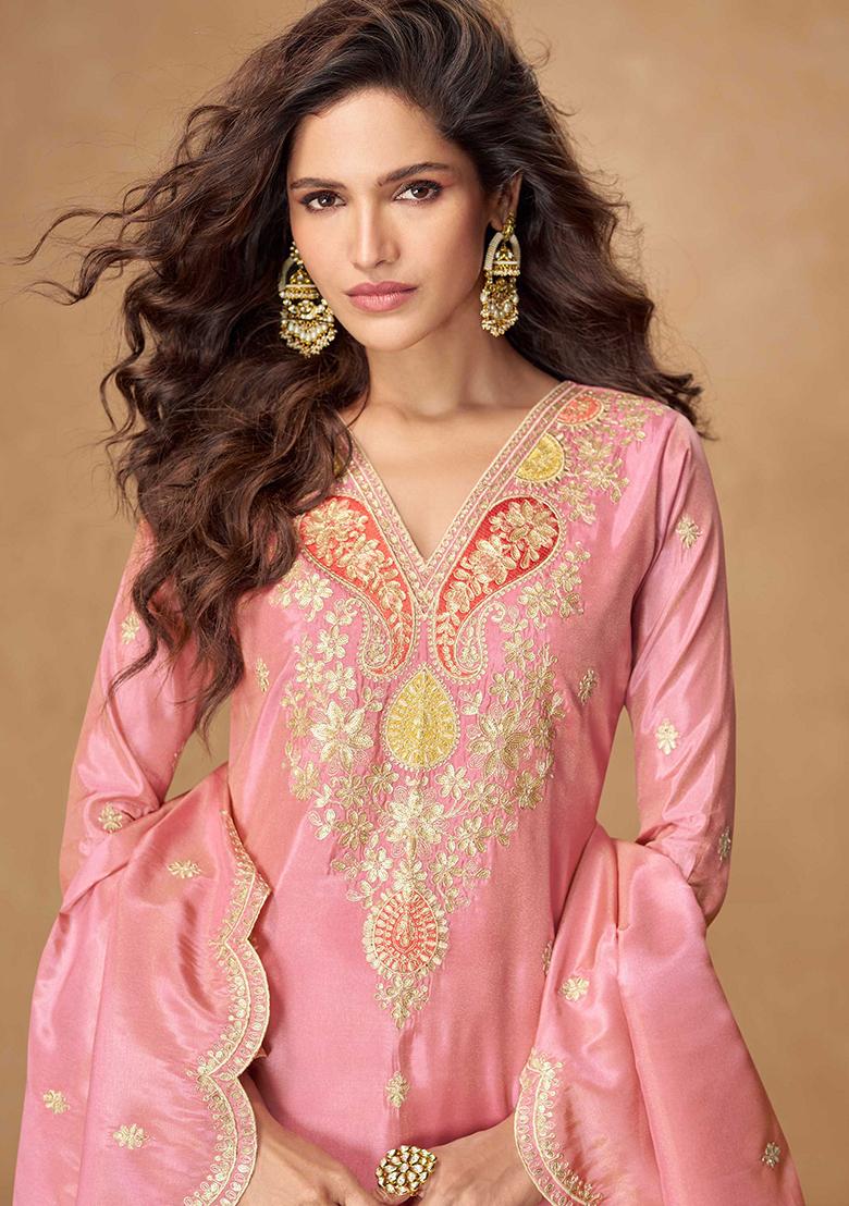 Pink Embroidered Silk Salwar Kameez With Dupatta - Indya