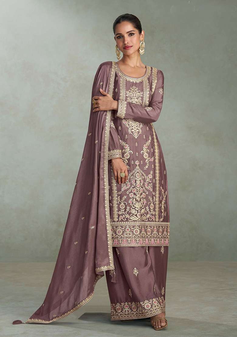 Mauve Embroidered Chinon Salwar Kameez With Dupatta - Indya