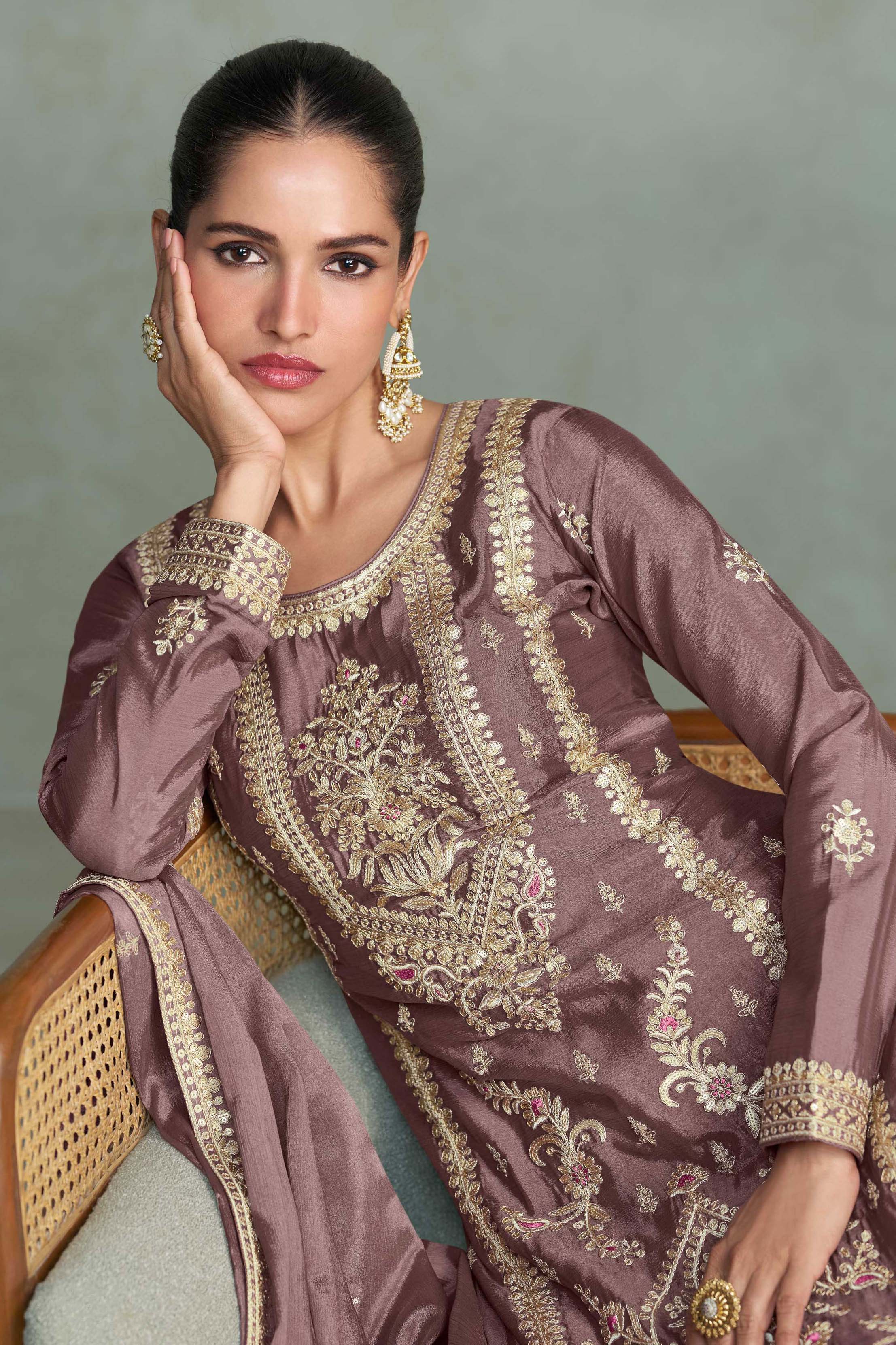 Mauve Embroidered Chinon Salwar Kameez With Dupatta - Indya