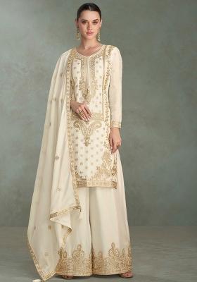 Off White Embroidered Chinon Salwar Kameez With Dupatta