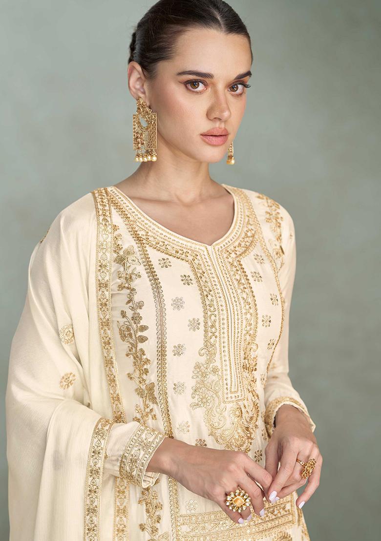 Off White Embroidered Chinon Salwar Kameez With Dupatta - Indya