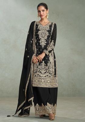 Black Embroidered Chinon Salwar Kameez With Dupatta