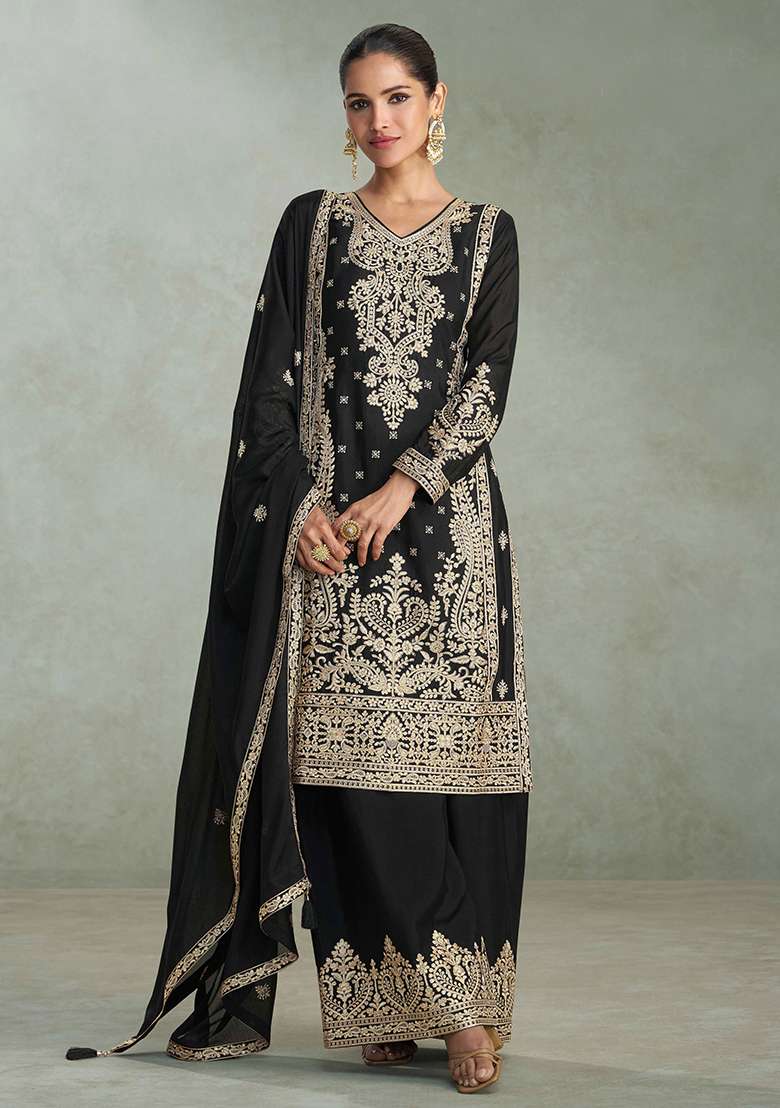 Black Embroidered Chinon Salwar Kameez With Dupatta - Indya