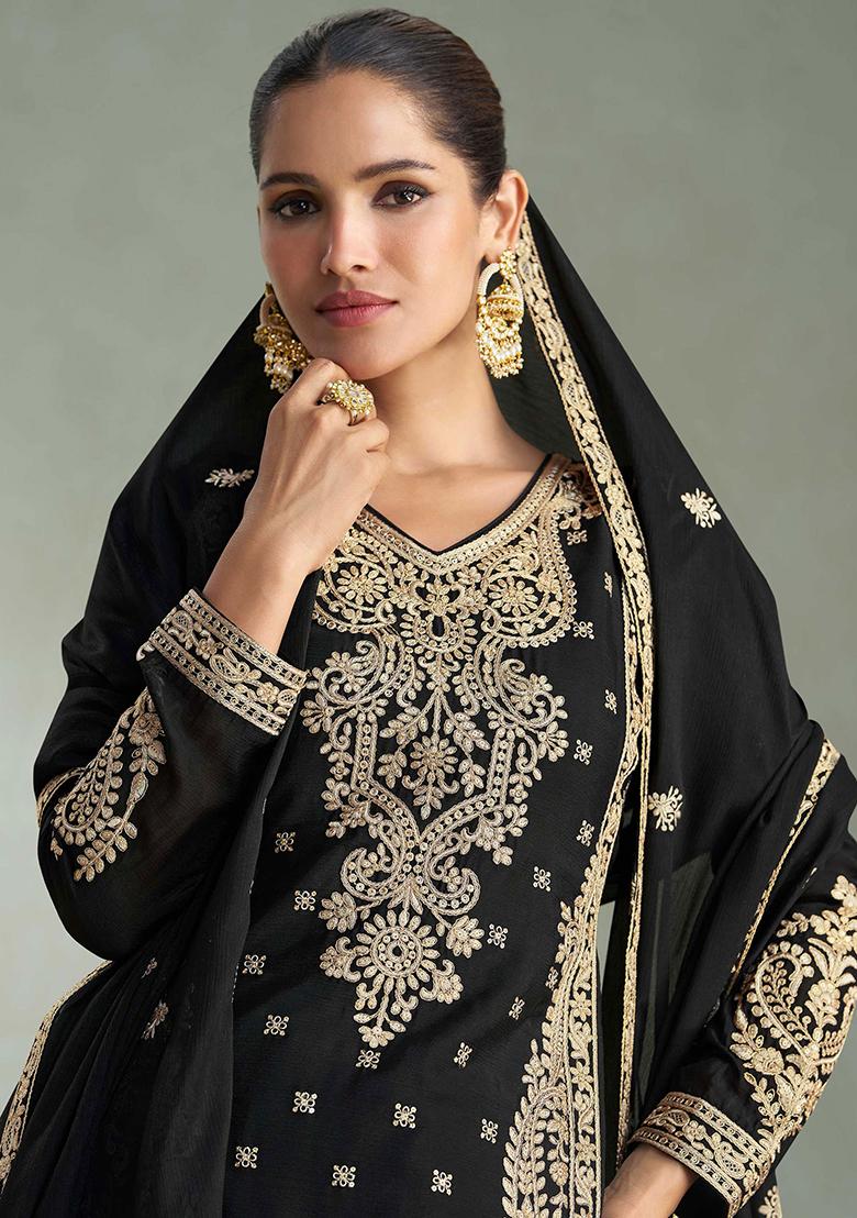 Black Embroidered Chinon Salwar Kameez With Dupatta - Indya
