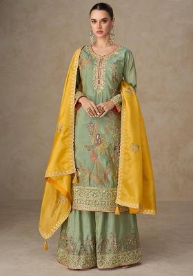 Green Embroidered Silk Salwar Kameez With Dupatta