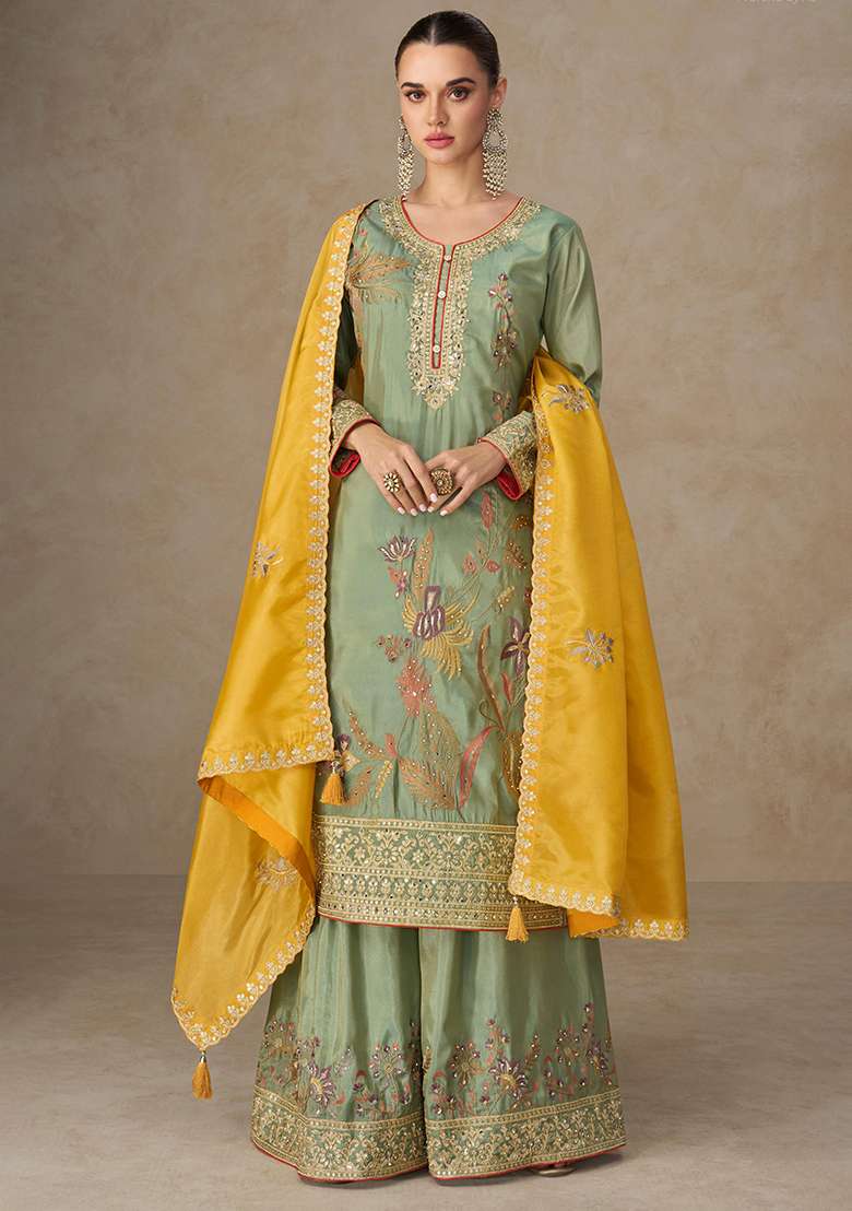 Green Embroidered Silk Salwar Kameez With Dupatta - Indya