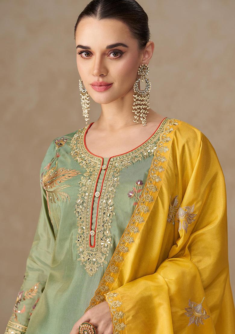 Green Embroidered Silk Salwar Kameez With Dupatta - Indya