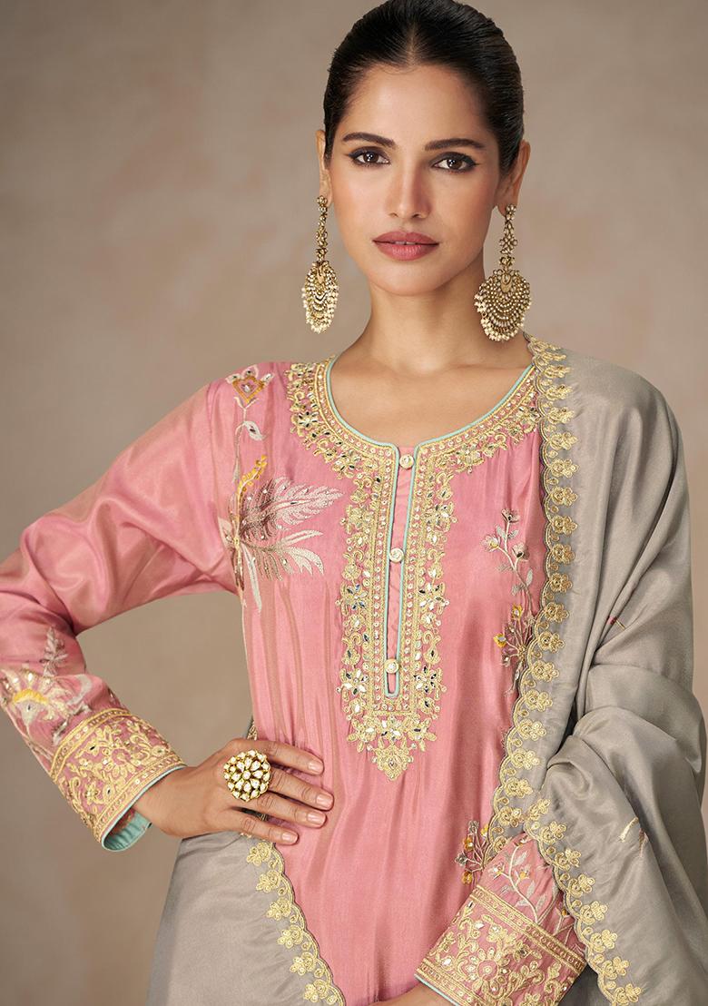 Pink Embroidered Silk Salwar Kameez With Dupatta - Indya