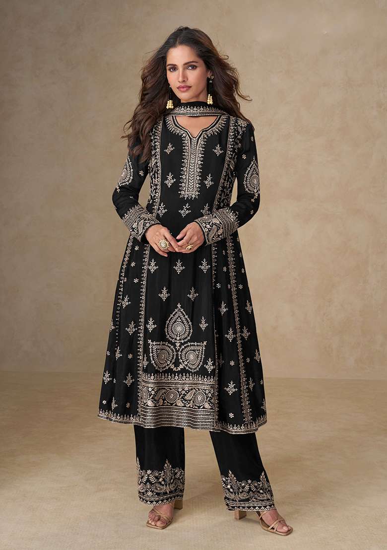 Black Embroidered Chinon Salwar Kameez With Dupatta - Indya