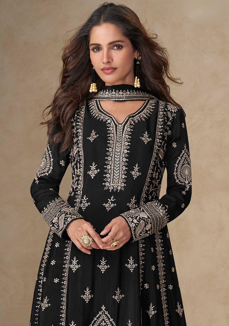 Black Embroidered Chinon Salwar Kameez With Dupatta - Indya