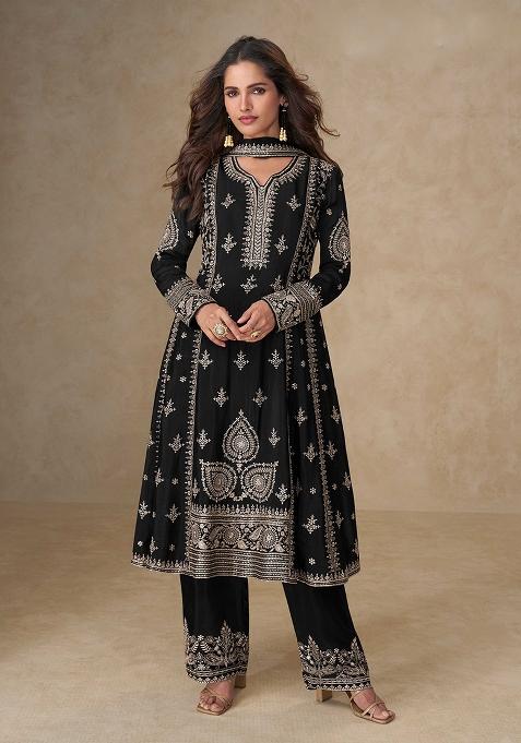 Black Embroidered Chinon Salwar Kameez With Dupatta