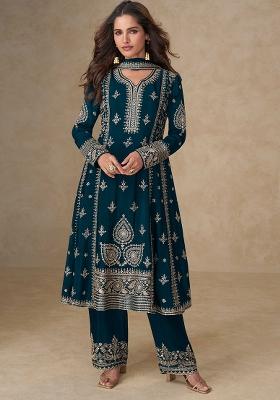 Teal Blue Embroidered Chinon Salwar Kameez With Dupatta