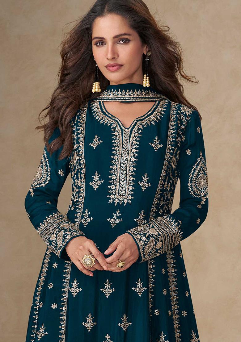 Teal Blue Embroidered Chinon Salwar Kameez With Dupatta - Indya